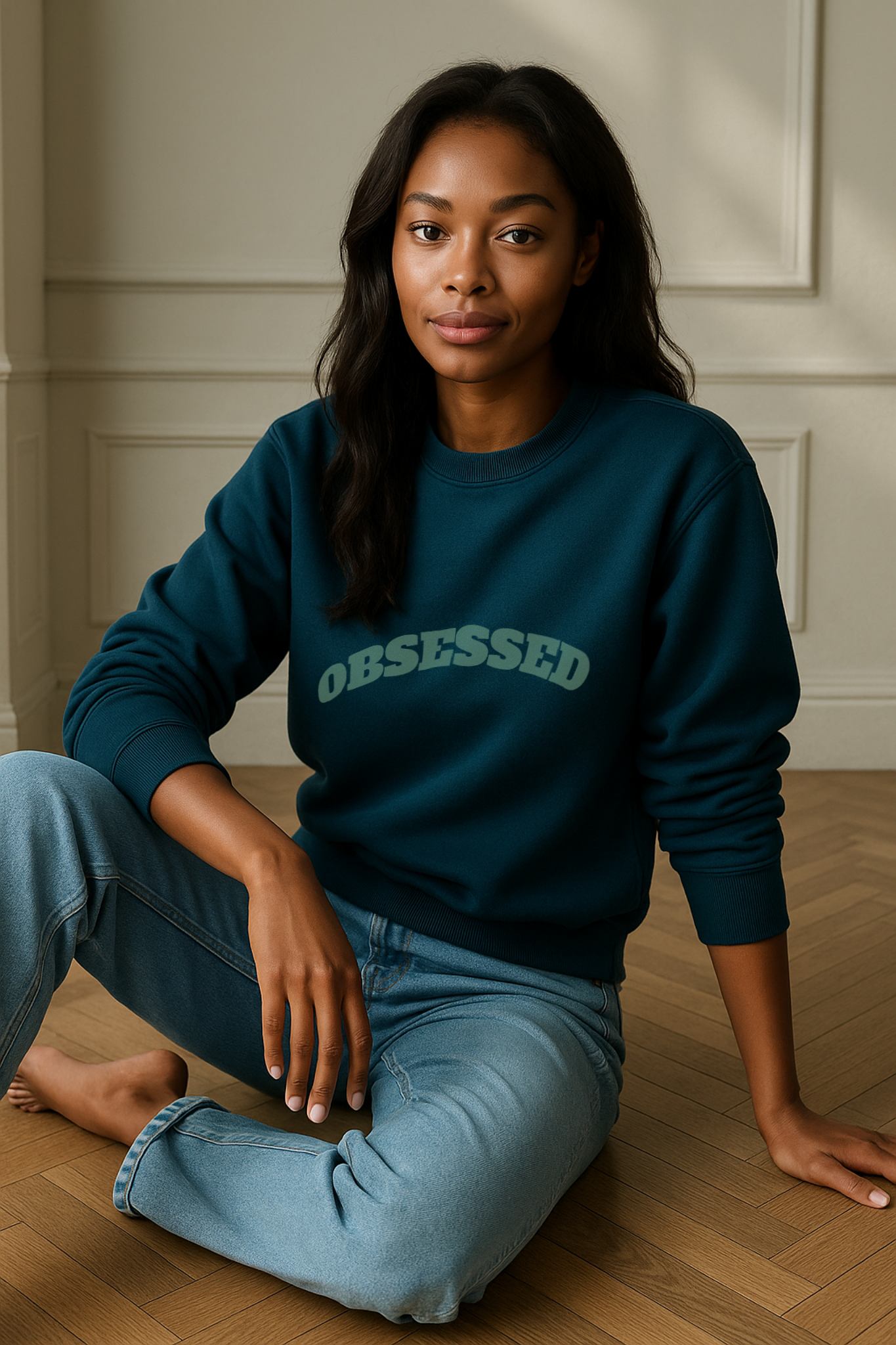 FineAF OBSESSED sweatshirt in blue-teal organic cotton fleece, worn casually with jeans.