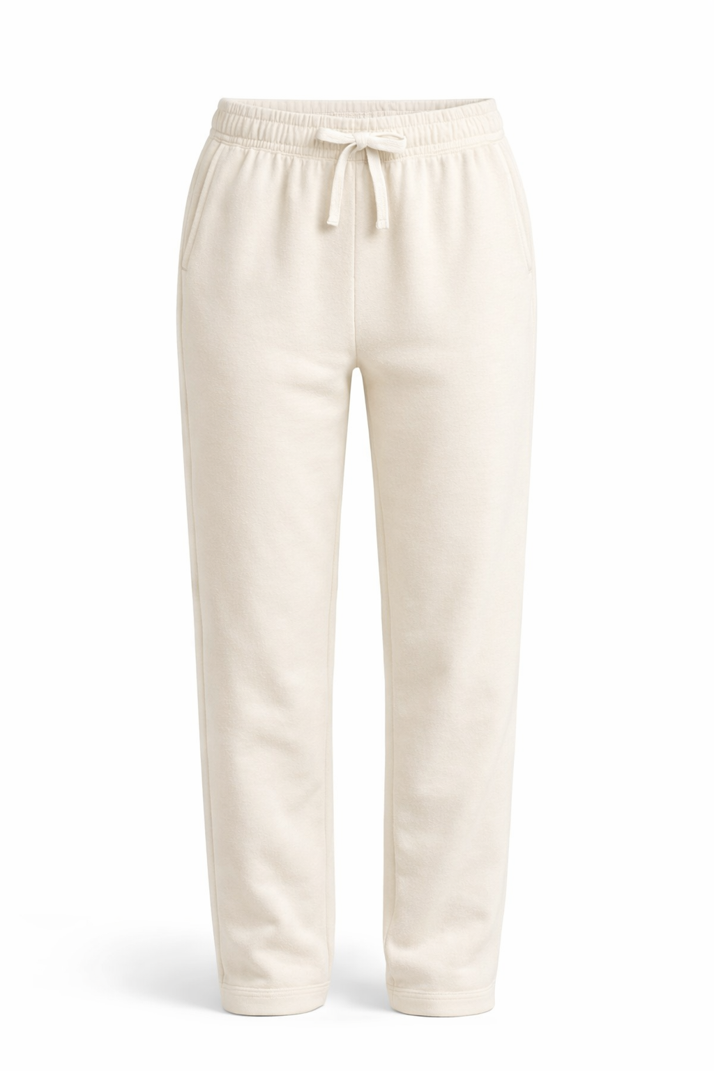 Ivory jogger sweatpants with drawstring waist and side pockets, front view.