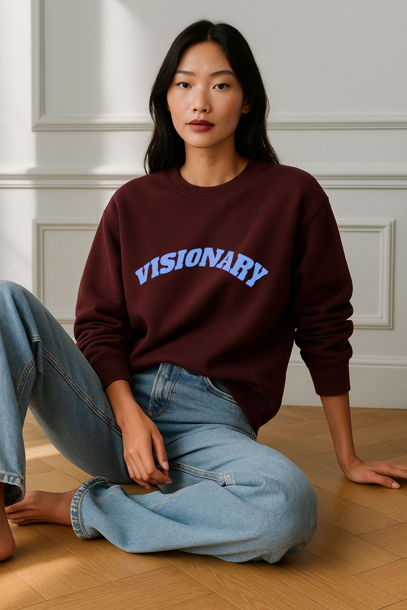 Model wearing FineAF VISIONARY burgundy sweatshirt, organic cotton fleece with soft matte texture.