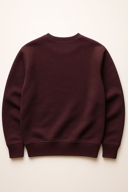 Back view of FineAF VISIONARY sweatshirt — burgundy organic cotton fleece, clean unisex structure.
