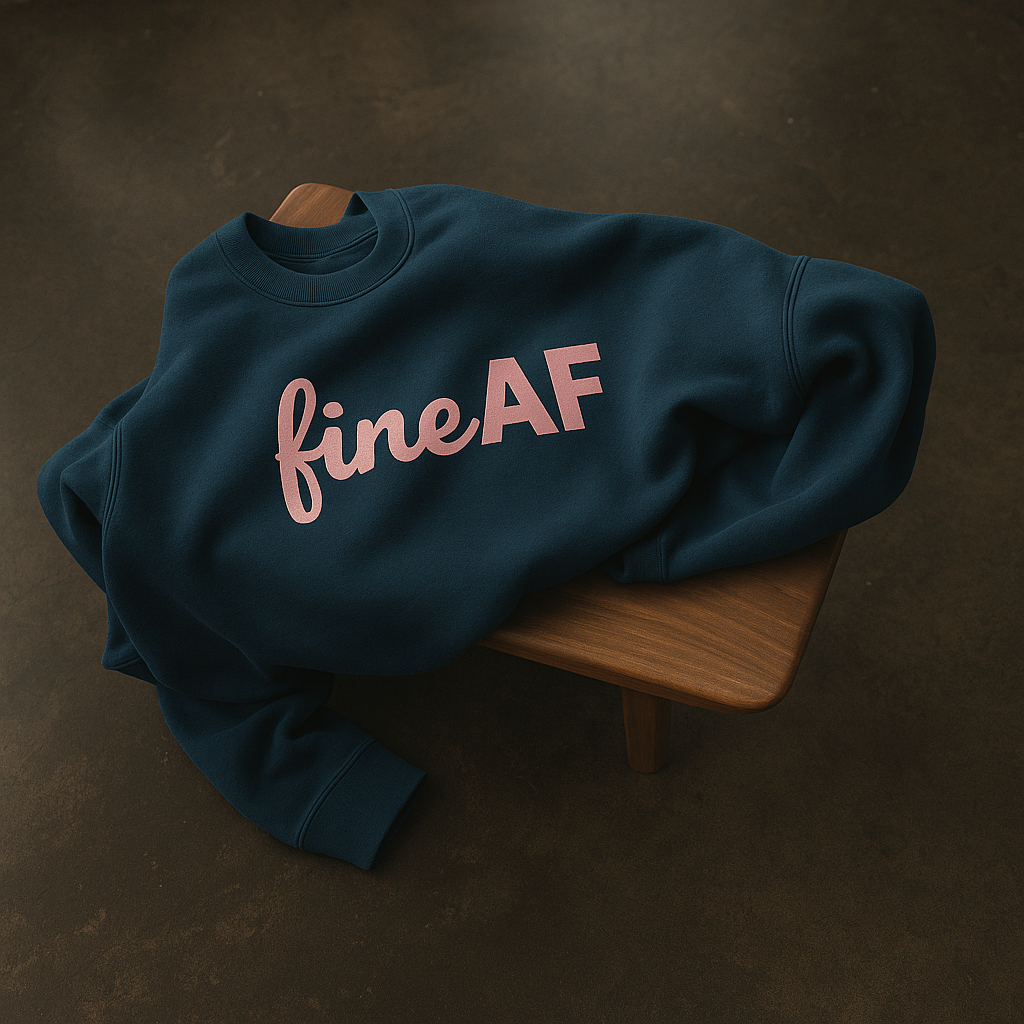 Blue sweatshirt with 'fineAF' logo on it, laying on a wooden stool against a dark background