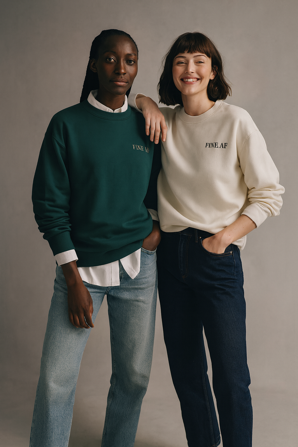 Two people wearing matching FineAF sweatshirts with logos on them. In a photostudio. 