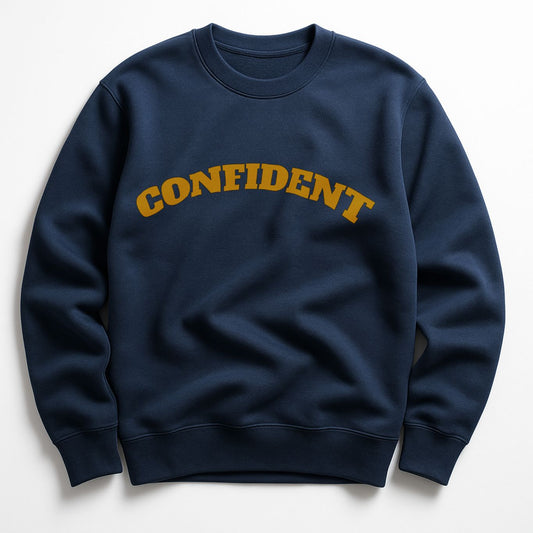 FineAF CONFIDENT sweatshirt in navy blue with gold arched typography — organic cotton crewneck.