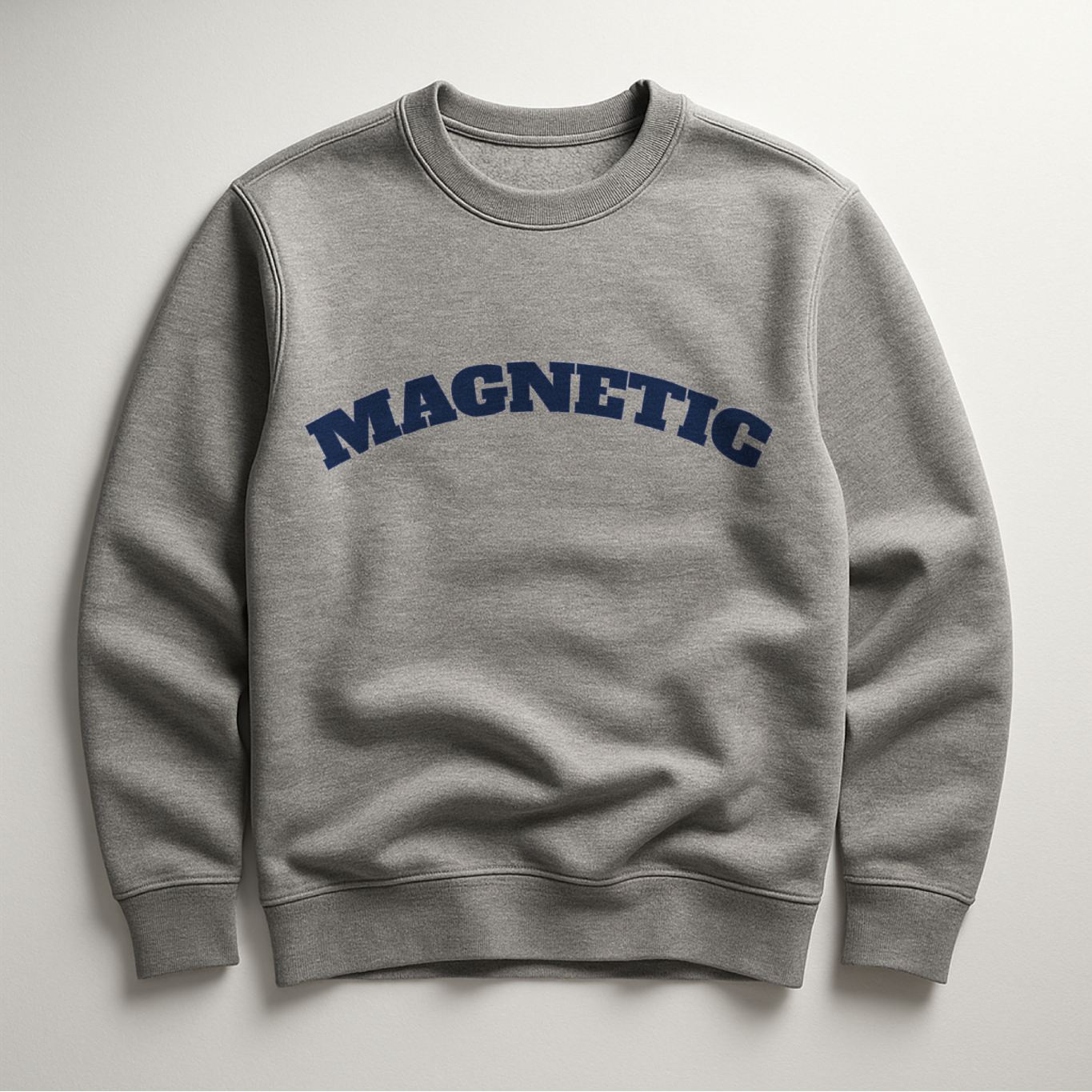 Magnetic grey organic cotton sweatshirt by FineAF, flat lay on neutral background showing navy typography