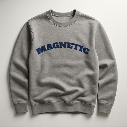 Magnetic grey organic cotton sweatshirt by FineAF, flat lay on neutral background showing navy typography