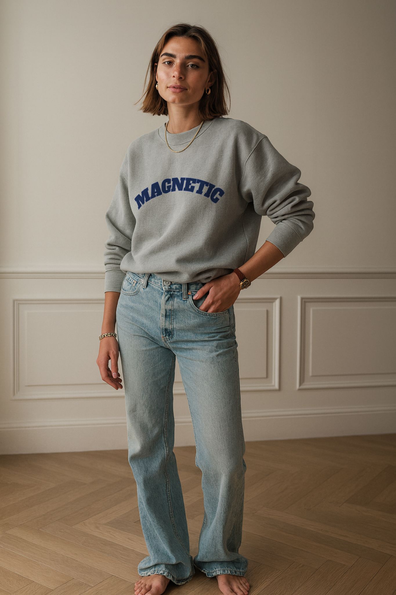 FineAF Magnetic lightweight unisex sweatshirt in heather grey, styled with blue jeans for a clean minimalist look