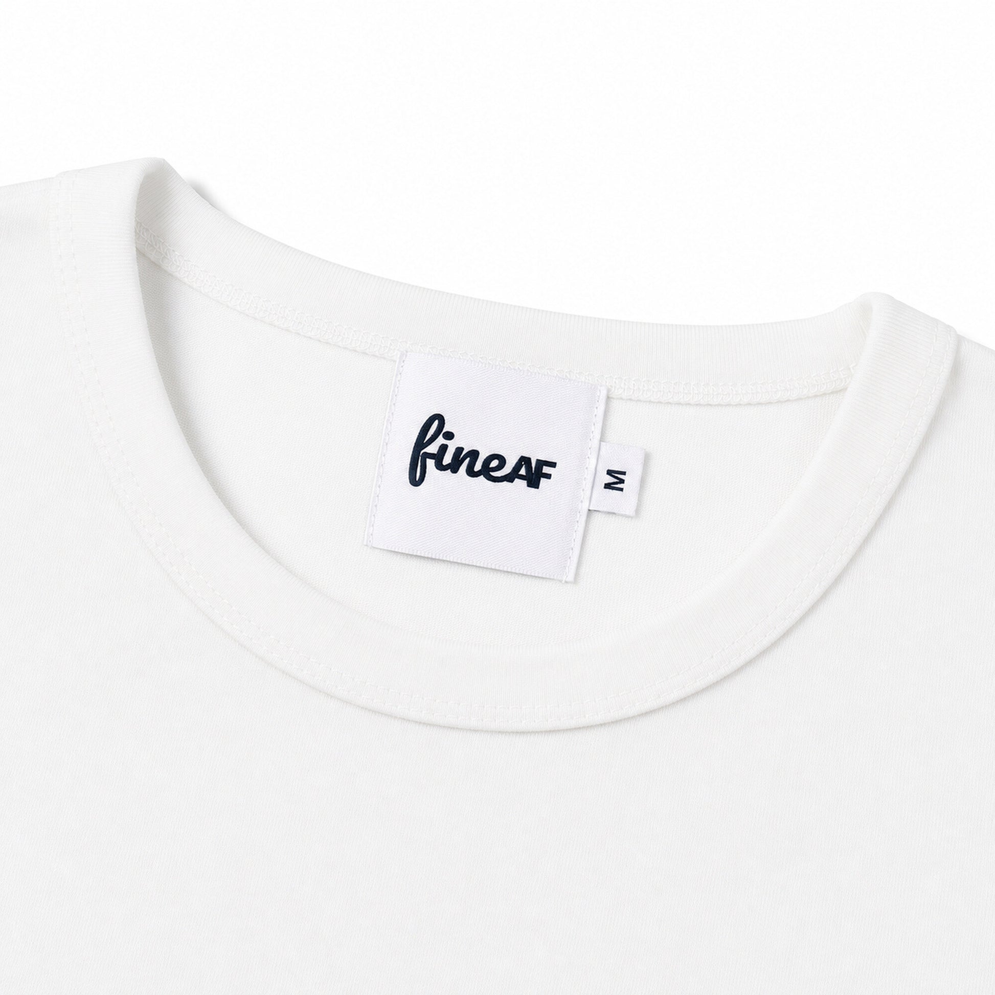 White FineAF Cropped Tee neckline with woven inside label and size tab