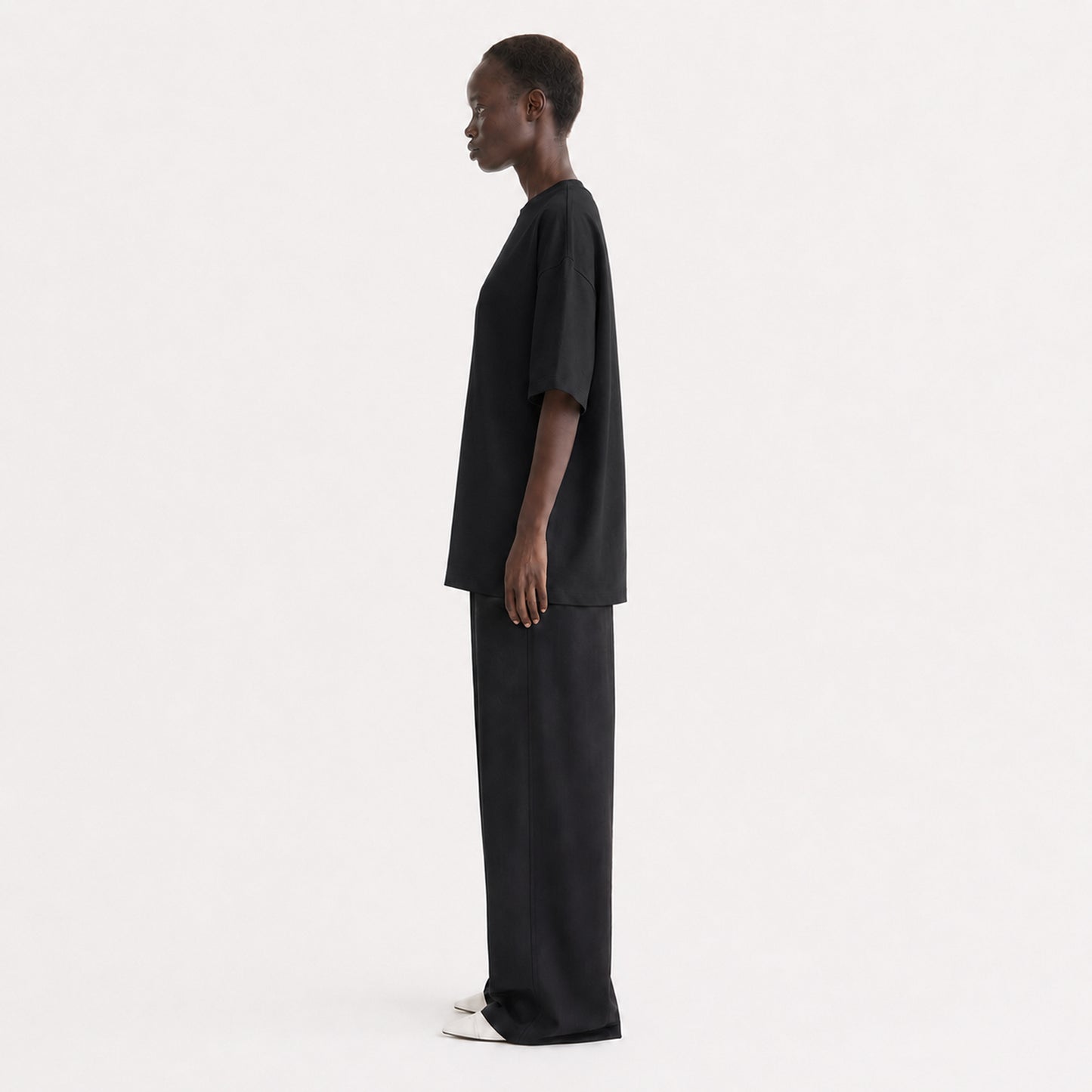 FineAF Collection One heavyweight drop-shoulder T-shirt in Black, side view showing the square fit