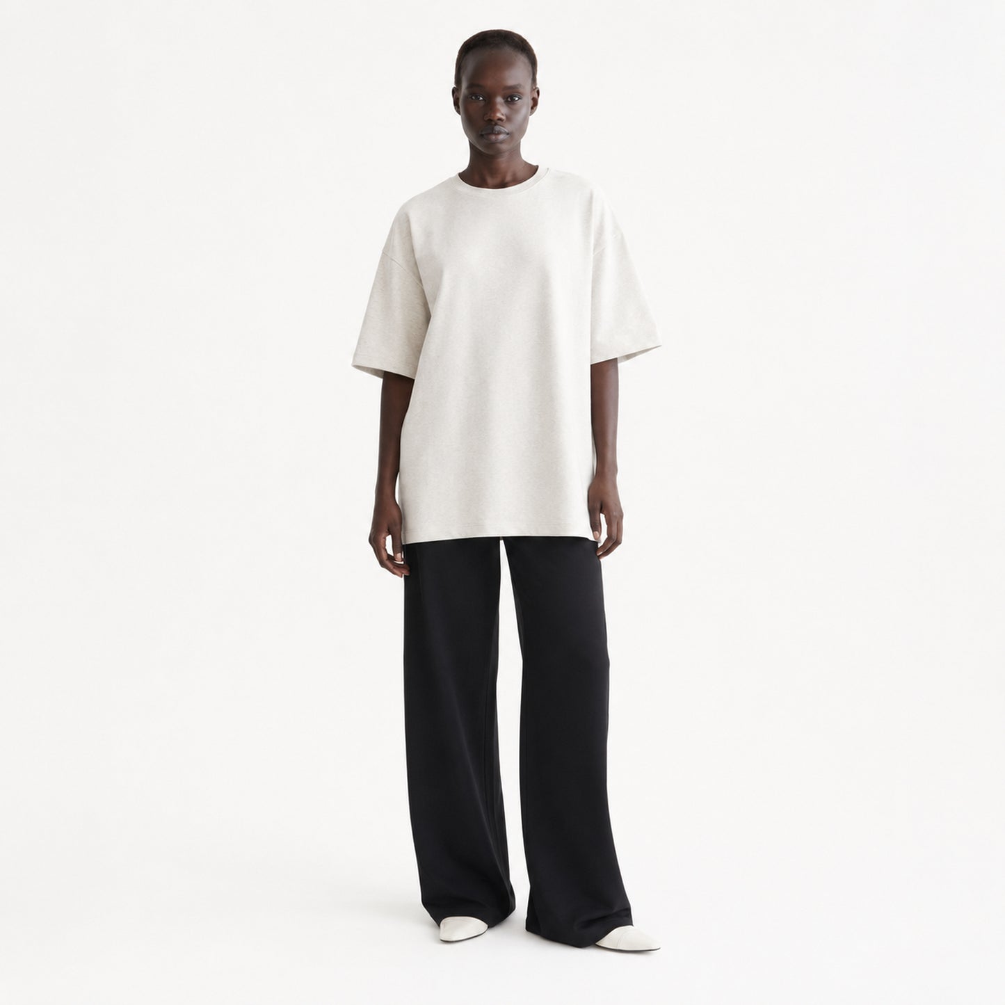 FineAF Collection One heavyweight drop-shoulder T-shirt in Oat, front view on model