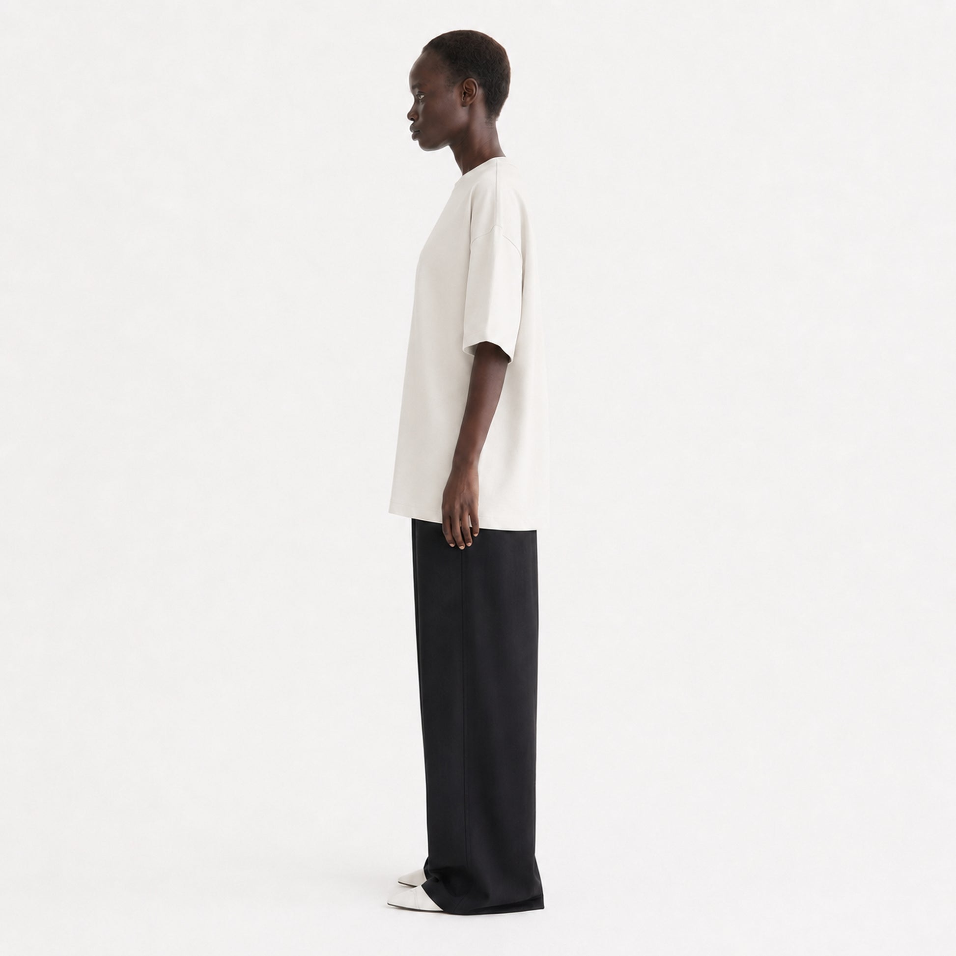 FineAF Collection One heavyweight drop-shoulder T-shirt in Oat, side view showing the square fit