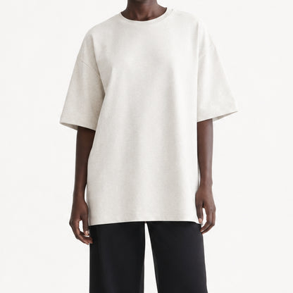 FineAF Oat heavyweight T-shirt, cropped torso view showing dropped shoulders and straight hem