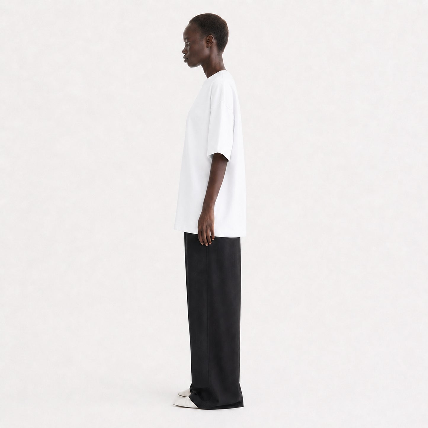 FineAF Collection One heavyweight drop-shoulder T-shirt in White, side view showing the square fit