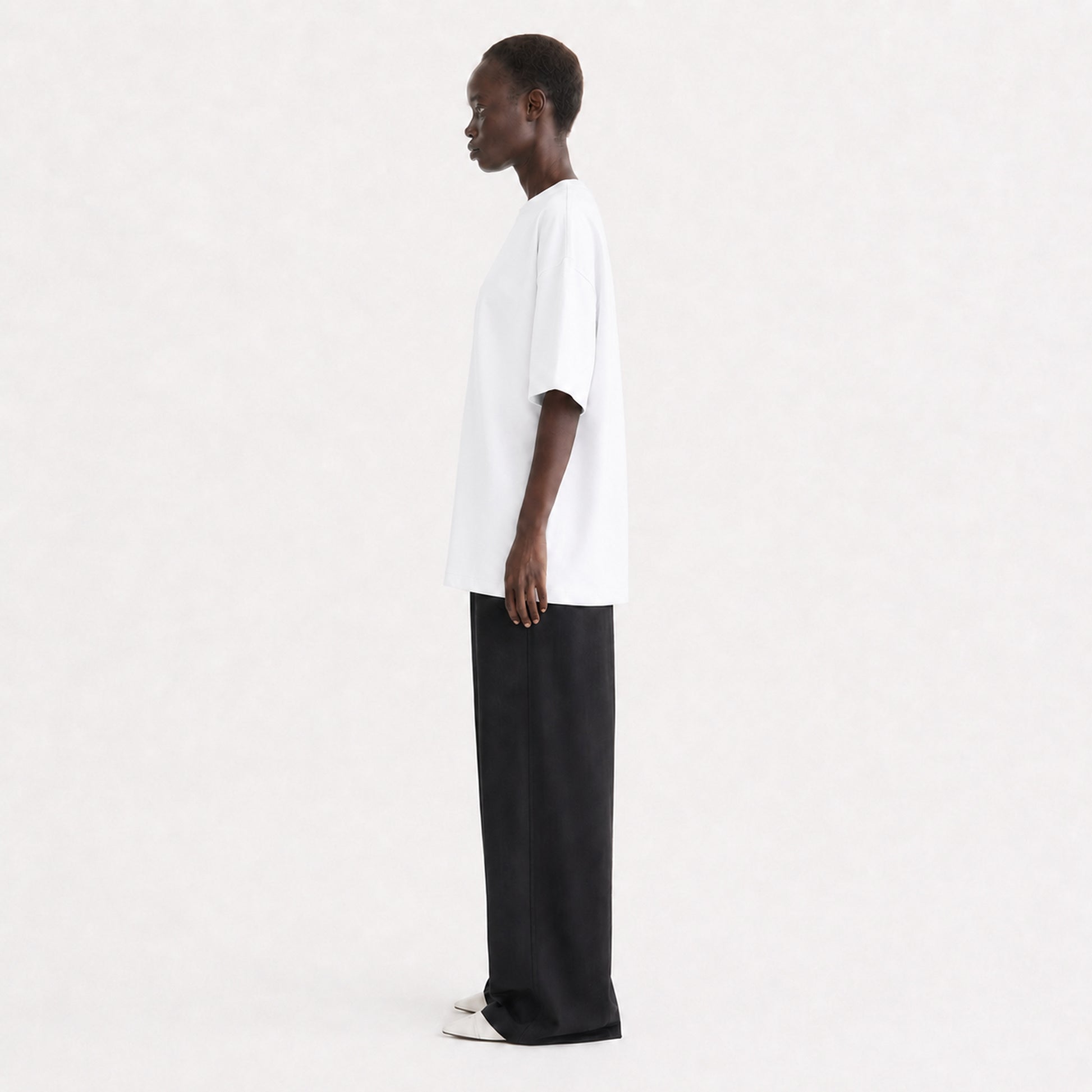 FineAF Collection One heavyweight drop-shoulder T-shirt in White, side view showing the square fit