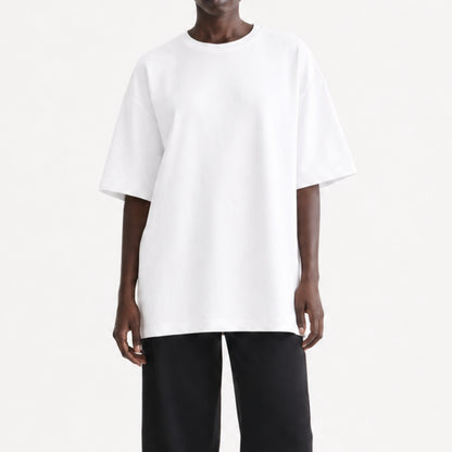 FineAF White heavyweight T-shirt, cropped torso view showing dropped shoulders and straight hem