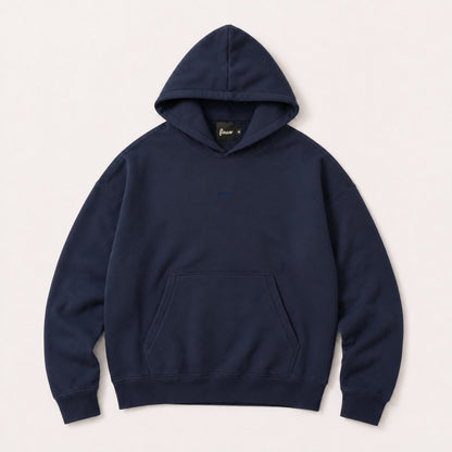 Front flat lay of the FineAF Electric deep navy hoodie with dark tonal chest design and black neck label