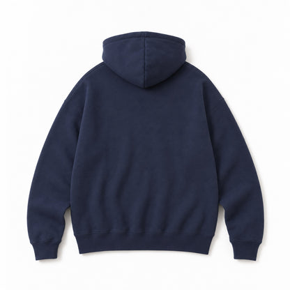 Back flat lay of the FineAF Electric deep navy heavyweight hoodie with a clean unprinted back