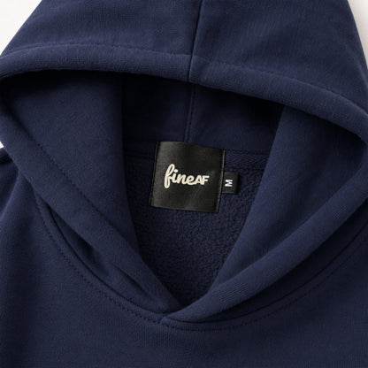 FineAF Electric hoodie hood interior with brushed navy fleece and black FineAF neck label