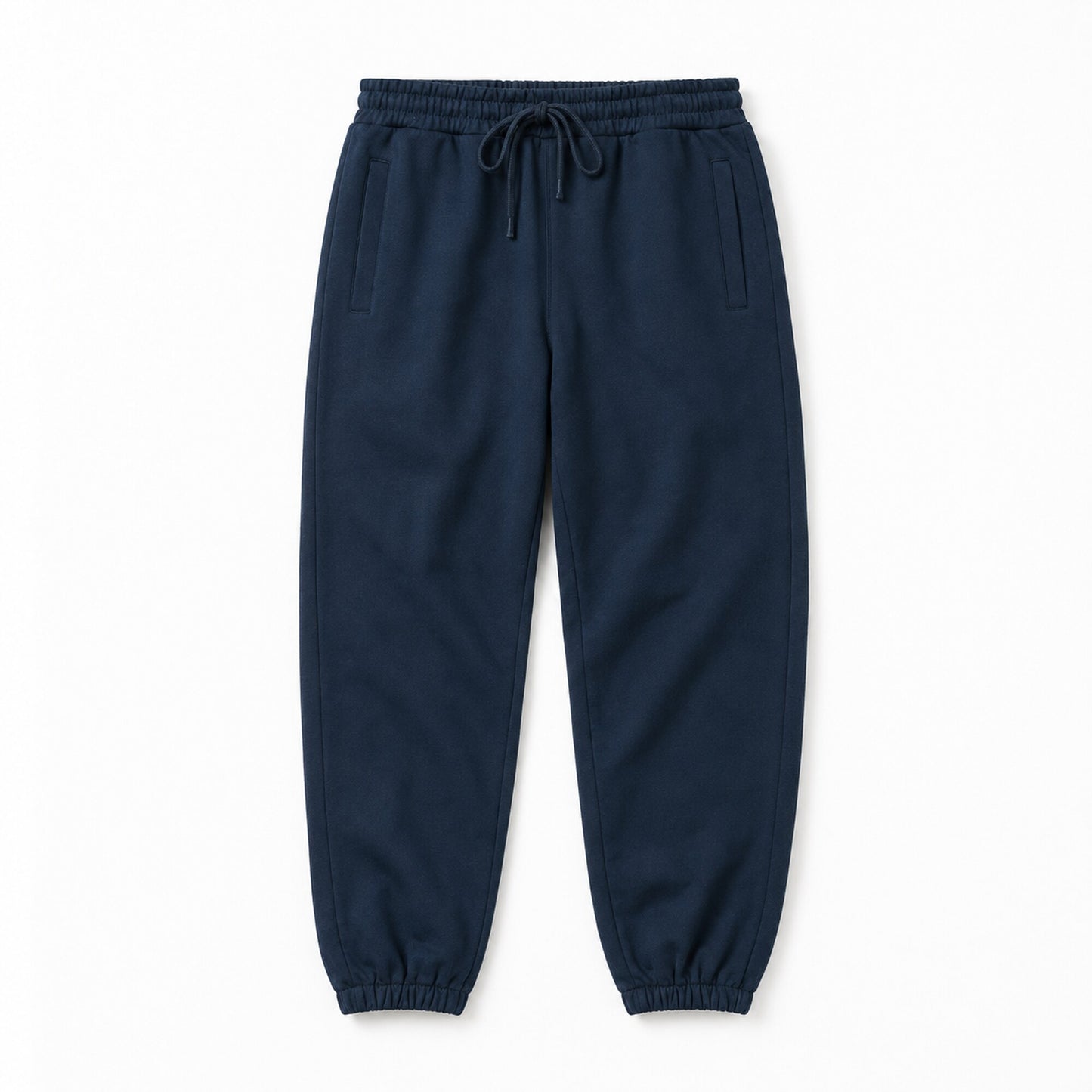 Front flat lay of FineAF Electric deep navy pants with a gathered waistband, tonal drawcord and vertical welt pockets.