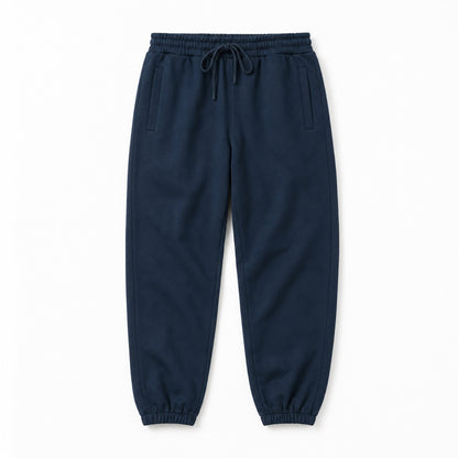Front flat lay of FineAF Electric deep navy pants with a gathered waistband, tonal drawcord and vertical welt pockets.
