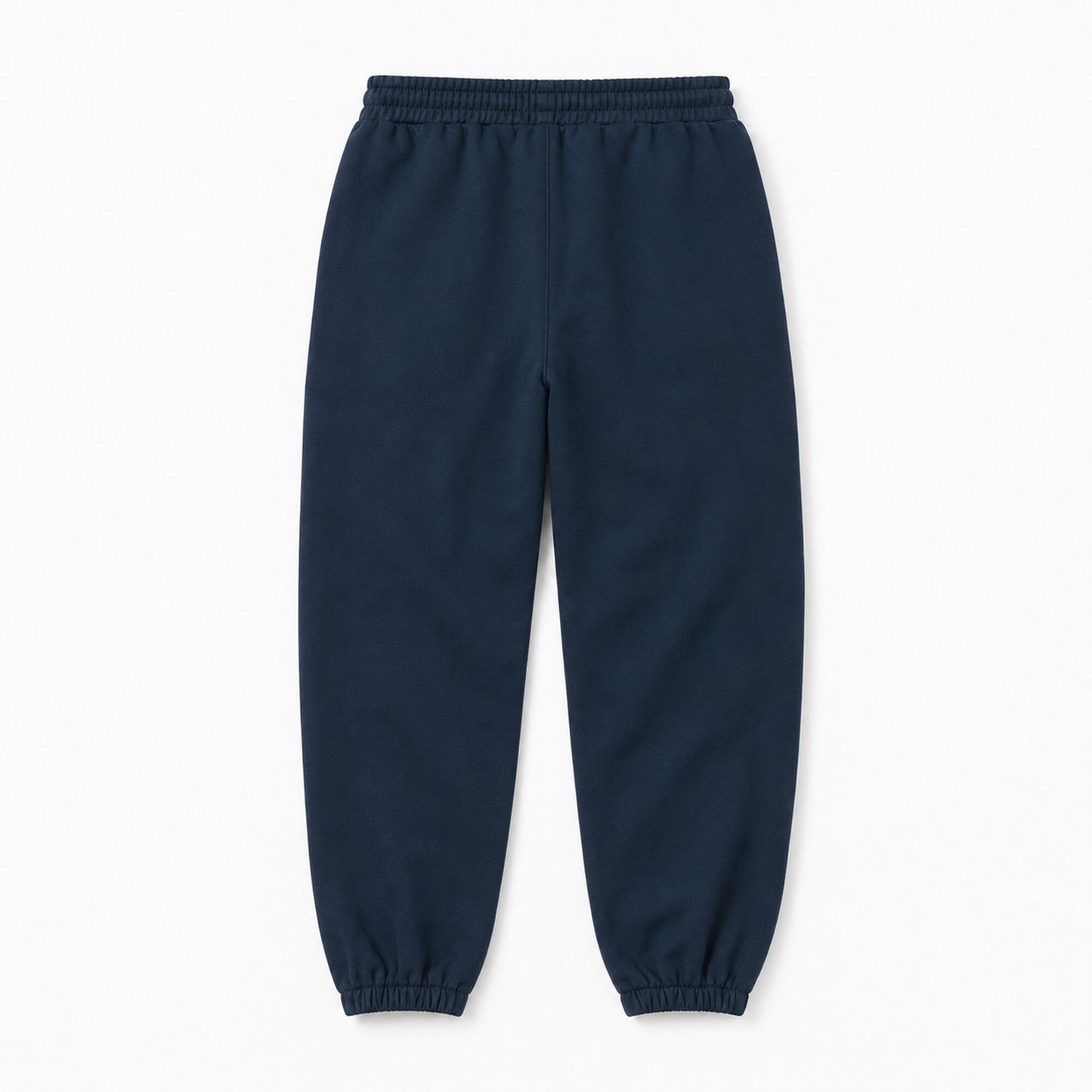 Back flat lay of FineAF Electric deep navy pants showing the clean pocket-free back and tapered elastic ankles.