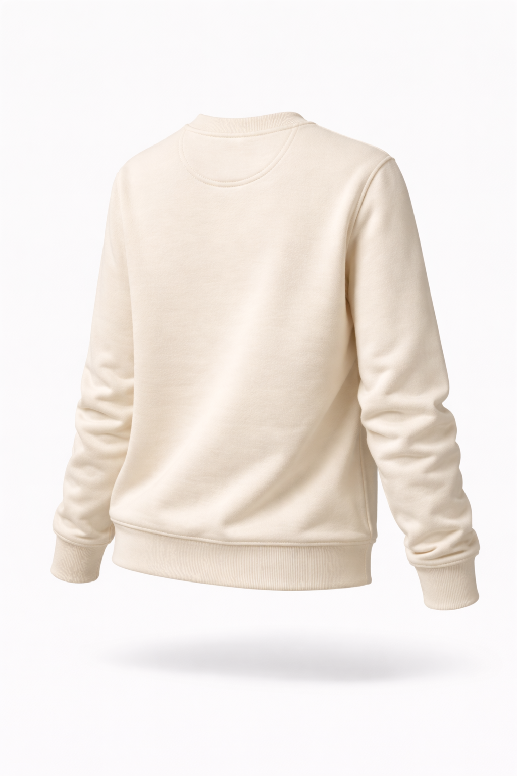 Ivory FineAF crewneck sweatshirt, studio angled back product image showing plain back.