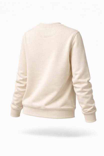 Ivory FineAF crewneck sweatshirt, studio angled back product image showing plain back.
