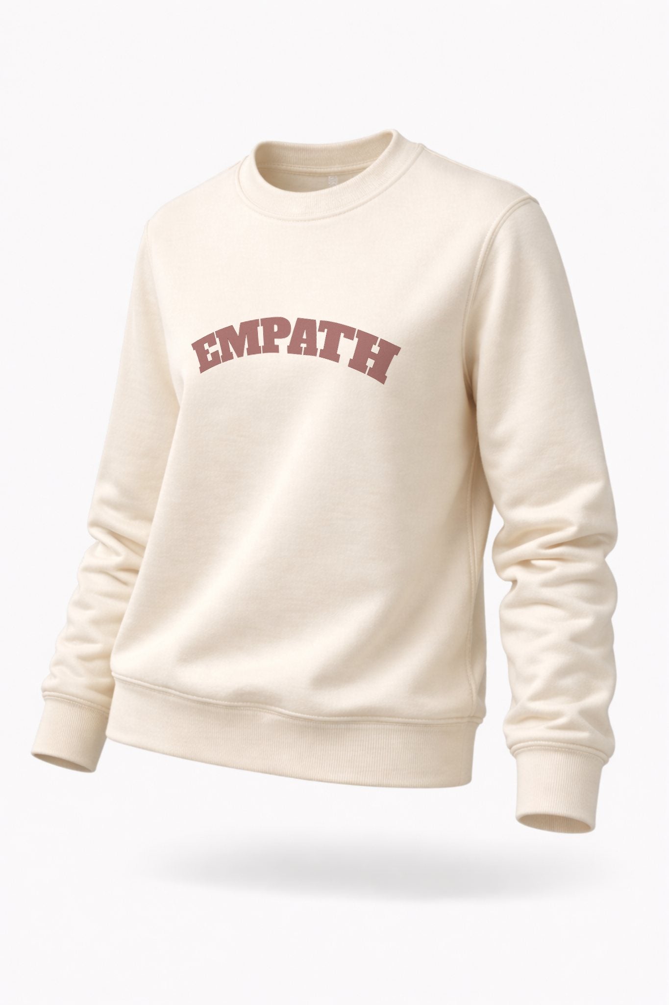 Ivory FineAF crewneck sweatshirt with “EMPATH” print, studio angled front product image.