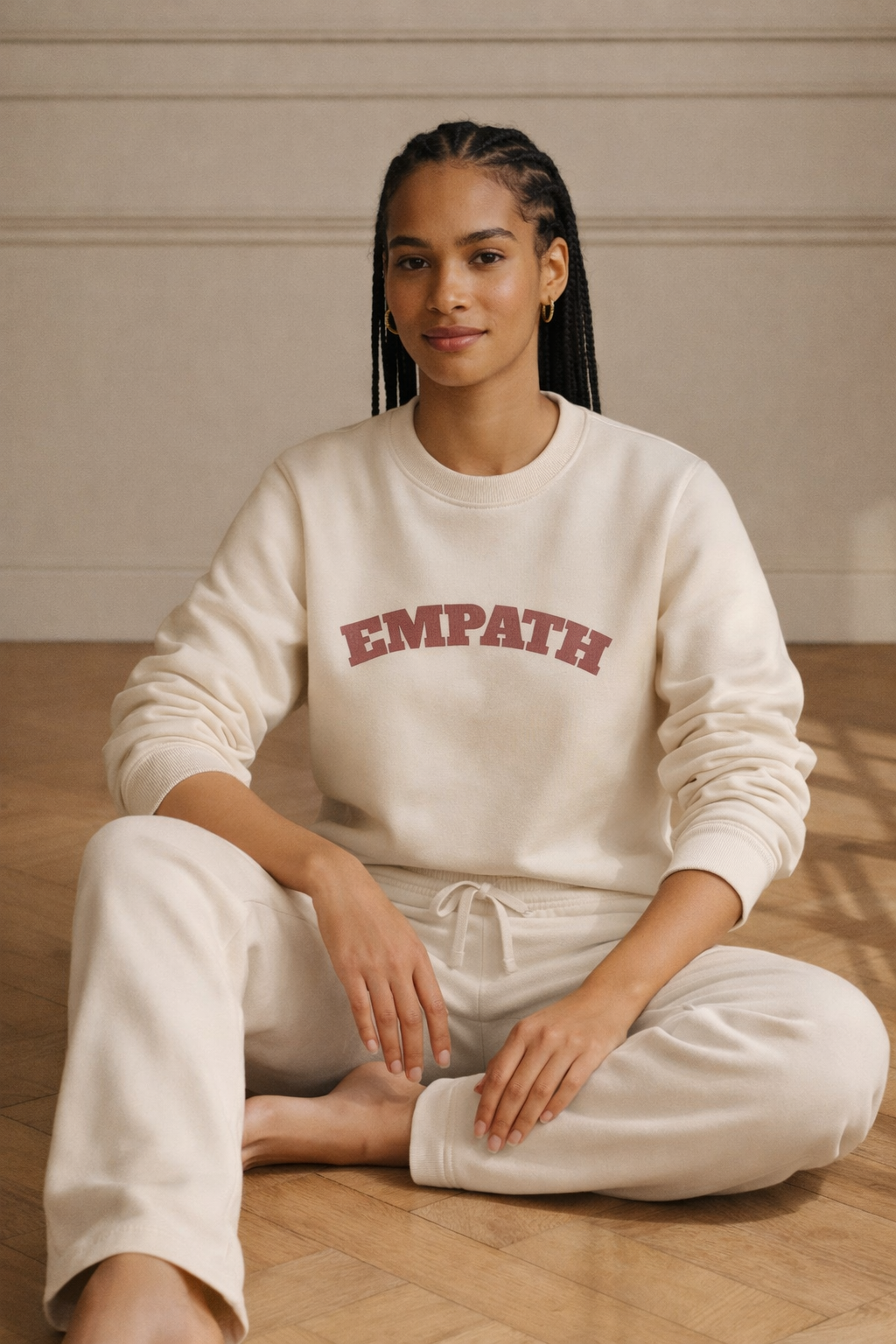 Ivory FineAF crewneck sweatshirt with “EMPATH” print, seated lifestyle photo on model.