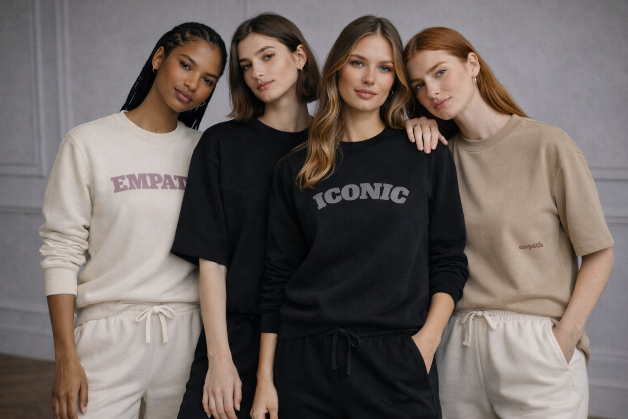 Four models wearing FineAF statement sweatshirts and tees in neutral tones.