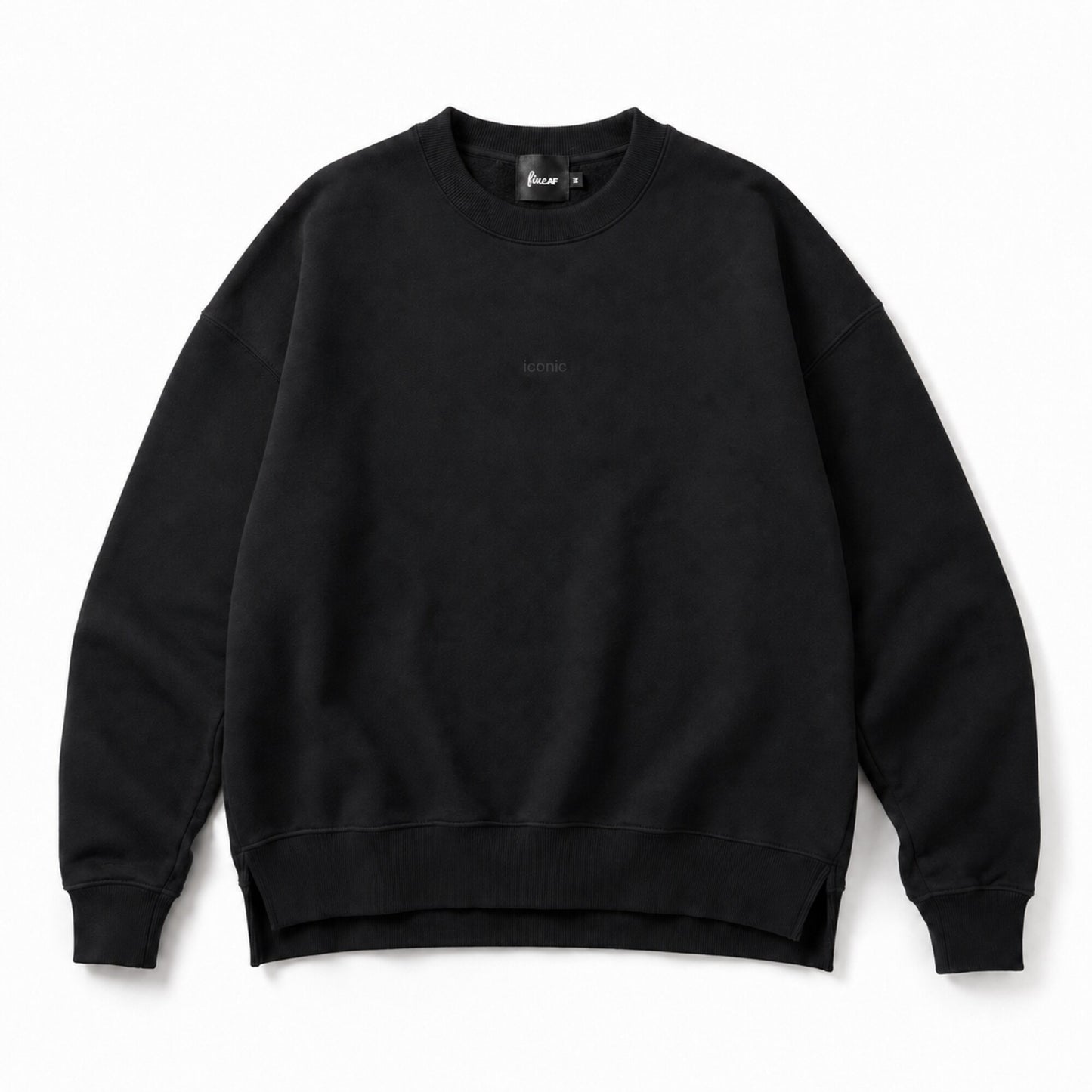 Front flat lay of the FineAF Iconic black side-slit crewneck sweatshirt with a tiny tonal iconic chest design.