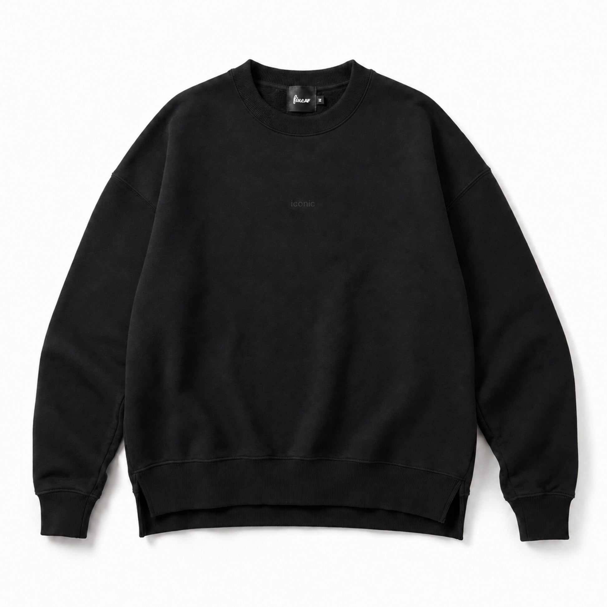 Front flat lay of the FineAF Iconic black side-slit crewneck sweatshirt with a tiny tonal iconic chest design.
