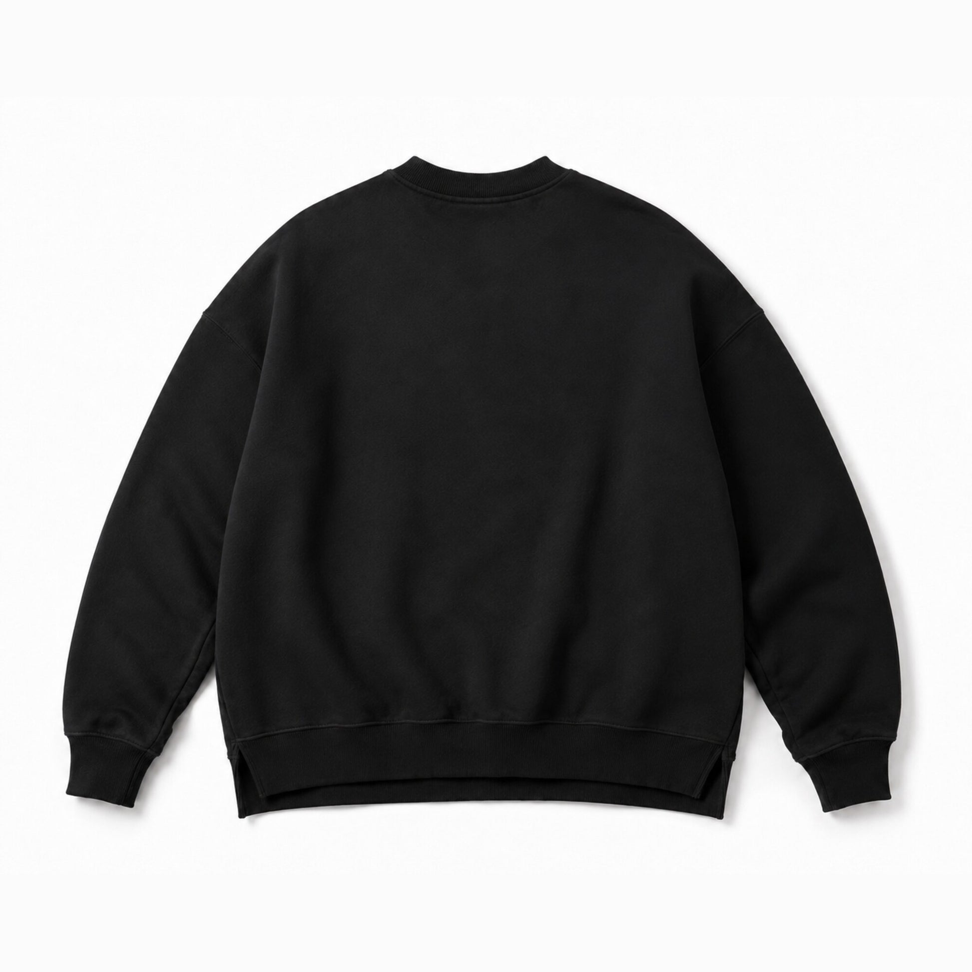 Back flat lay of the FineAF Iconic black heavyweight crewneck sweatshirt with a clean unprinted rear.