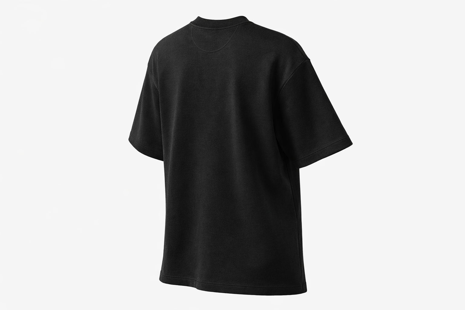 Black FineAF crewneck T-shirt, studio angled back view on white background.