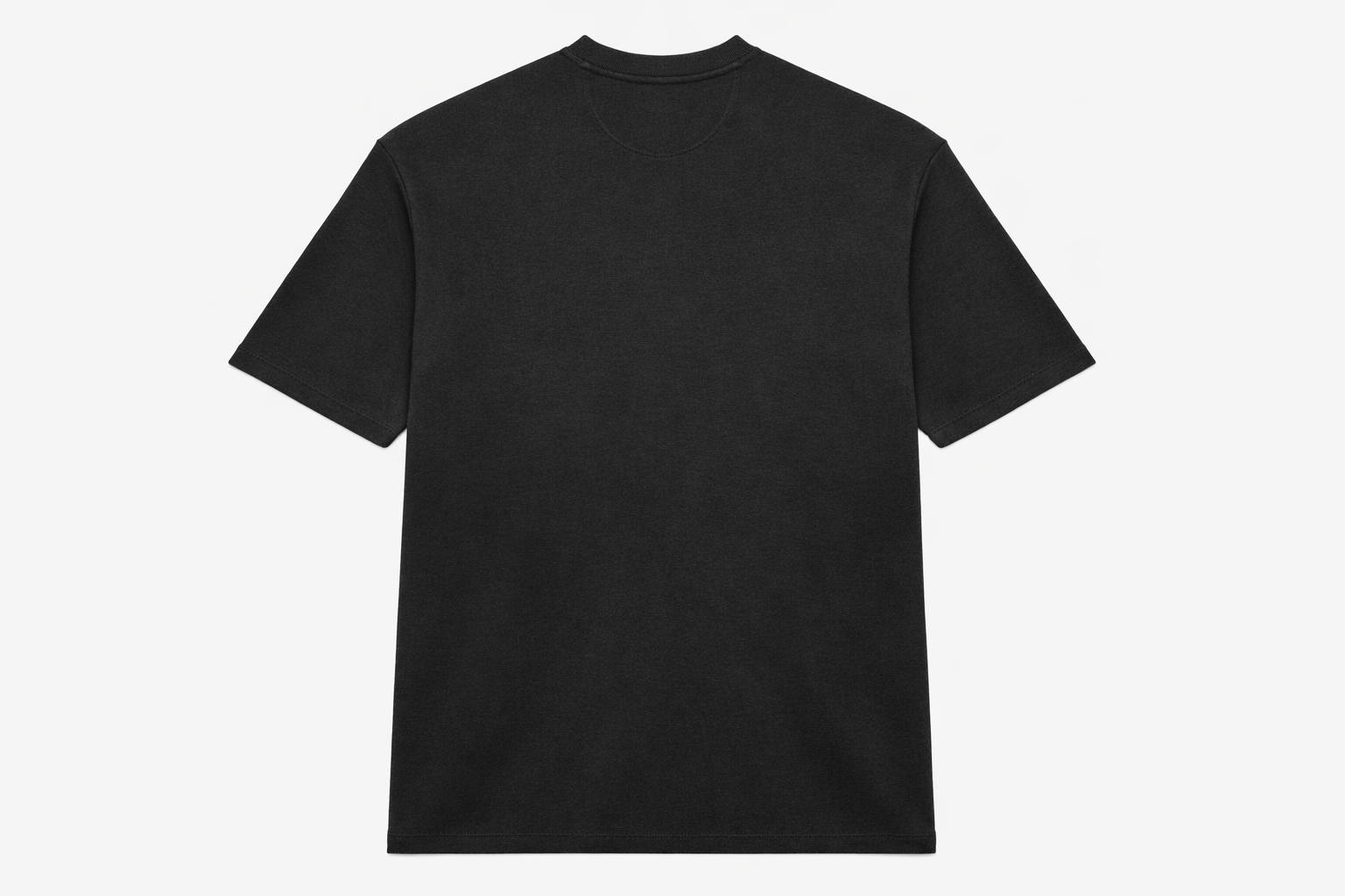 Black FineAF crewneck T-shirt, studio back view on white background showing plain back.