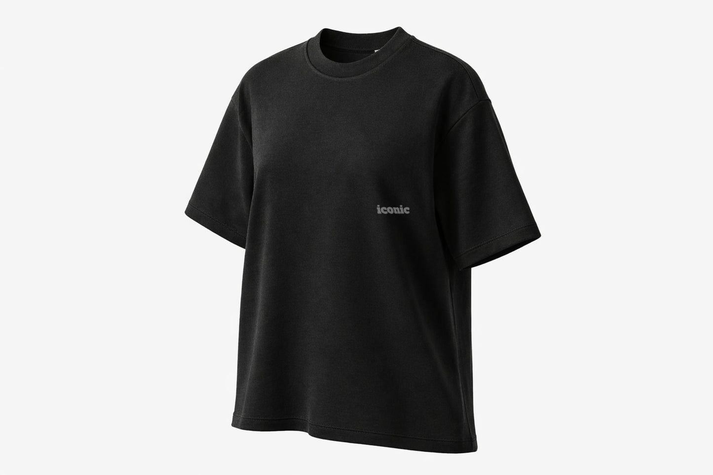 Black FineAF crewneck T-shirt, studio front view on white background with small chest logo.