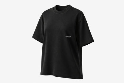Black FineAF crewneck T-shirt, studio front view on white background with small chest logo.