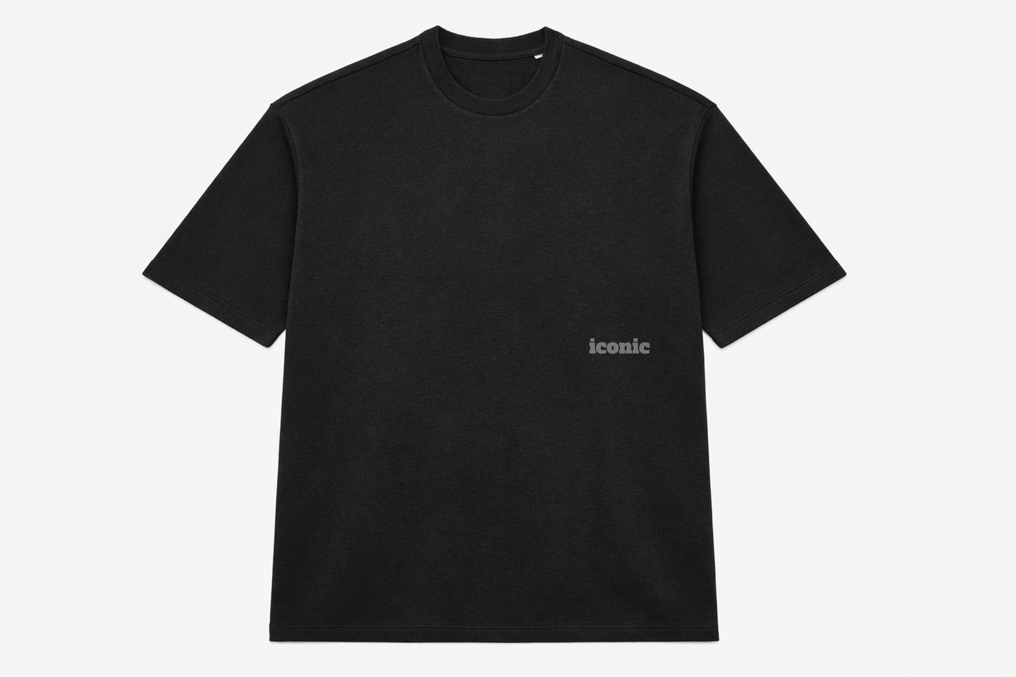 Black FineAF crewneck T-shirt, studio front view cropped showing chest logo placement.