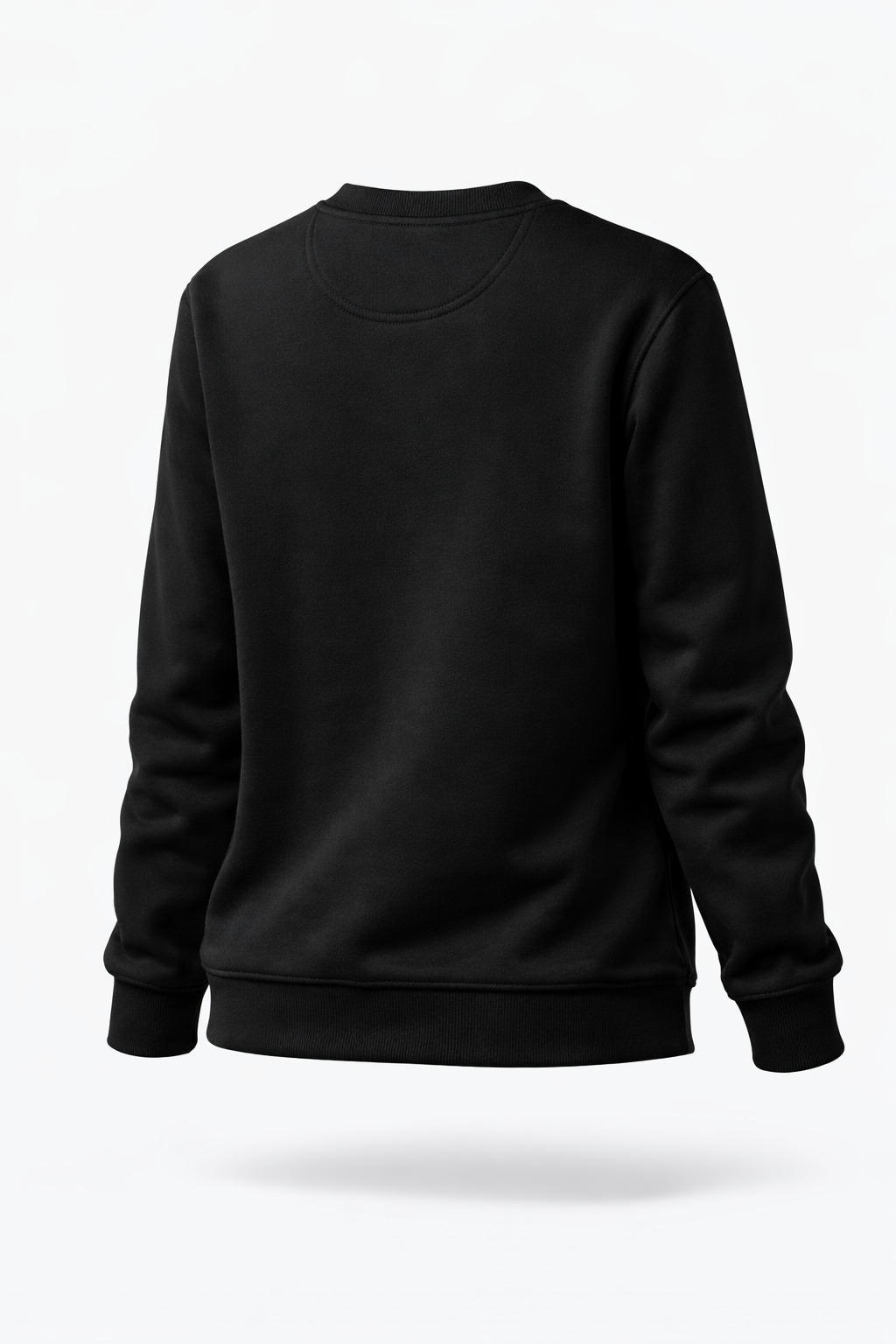 Black FineAF crewneck sweatshirt, studio back view on white background showing plain back.