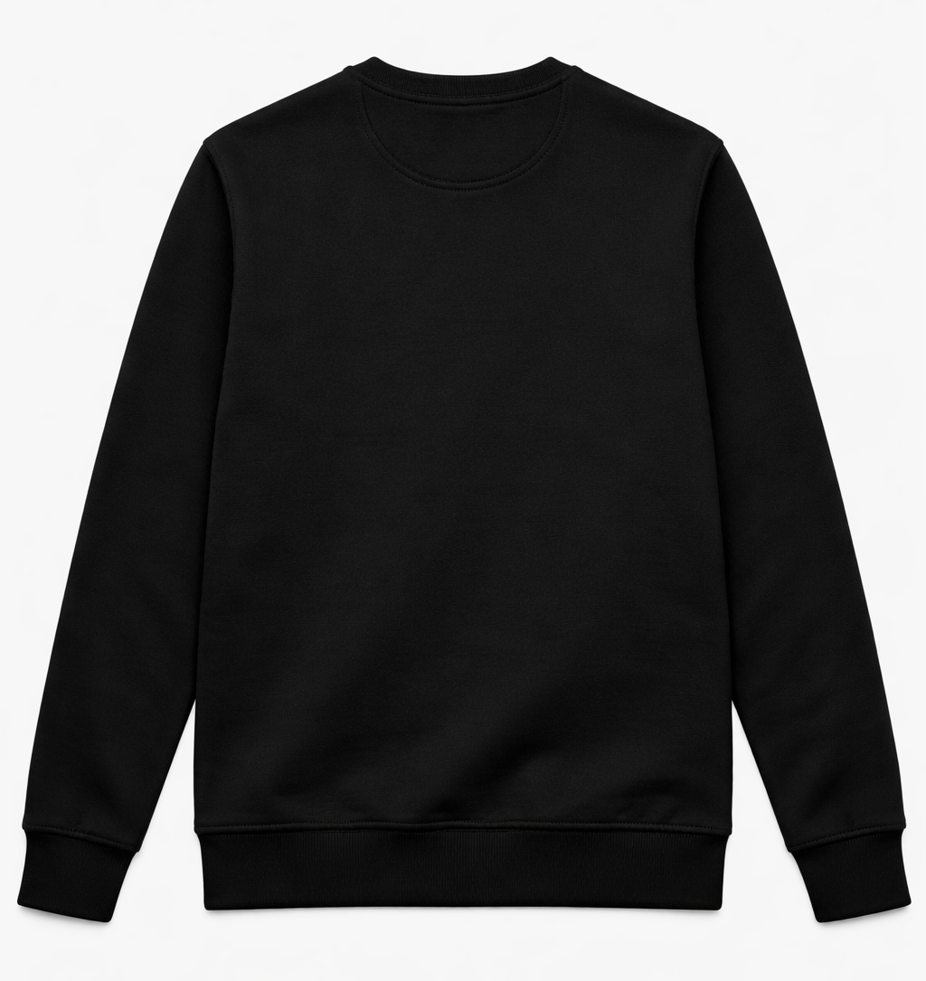 Black FineAF crewneck sweatshirt, studio back view on white background showing plain back.