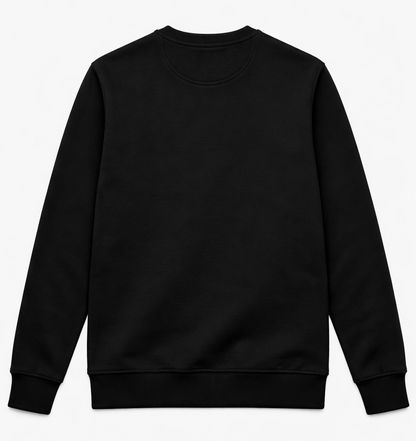 Black FineAF crewneck sweatshirt, studio back view on white background showing plain back.