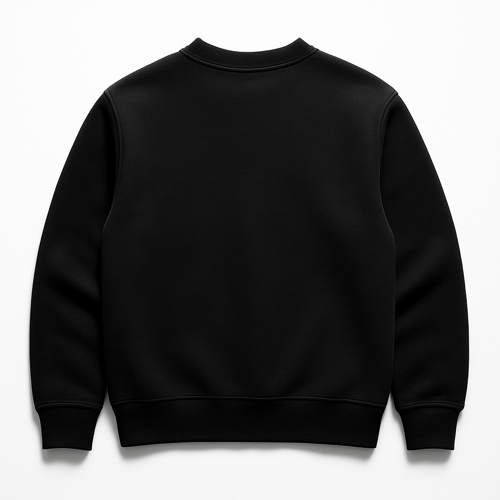Black ICONIC heavyweight organic cotton crewneck sweatshirt, back view on white background.