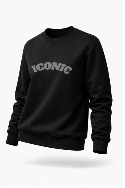 Black FineAF crewneck sweatshirt with “ICONIC” print, studio angled front product image.