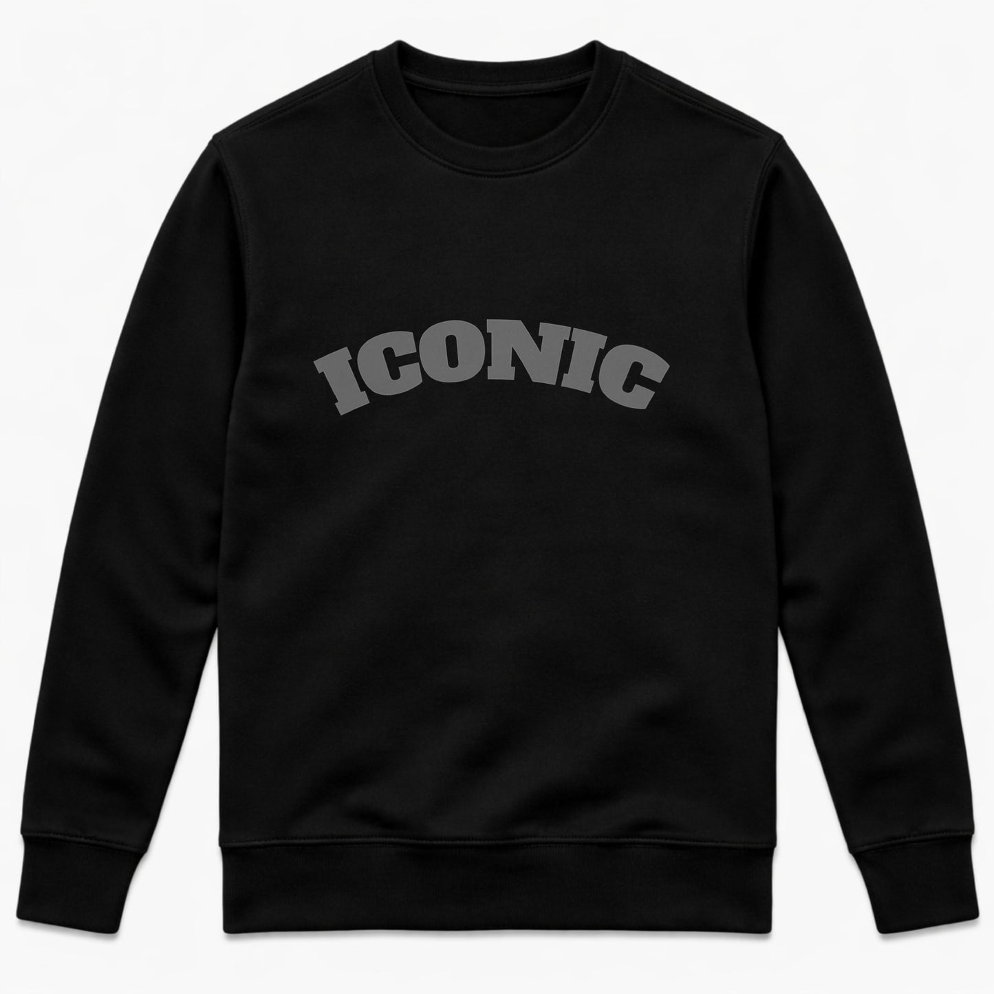 Black FineAF crewneck sweatshirt with “ICONIC” print, studio front view on white background.