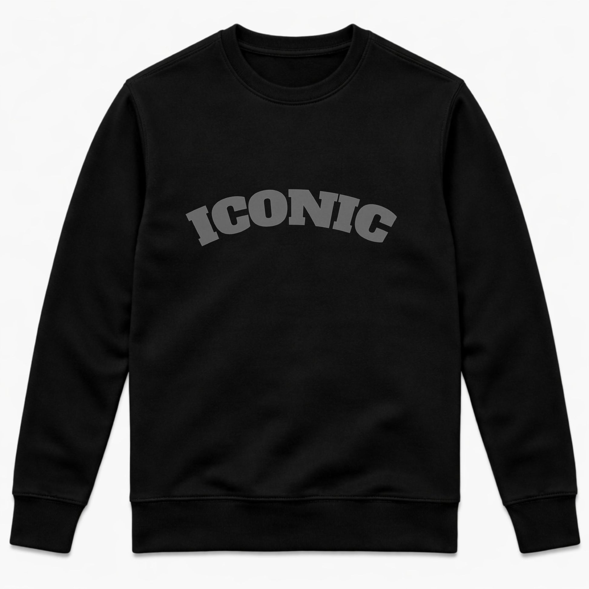 Black FineAF crewneck sweatshirt with “ICONIC” print, studio front view on white background.