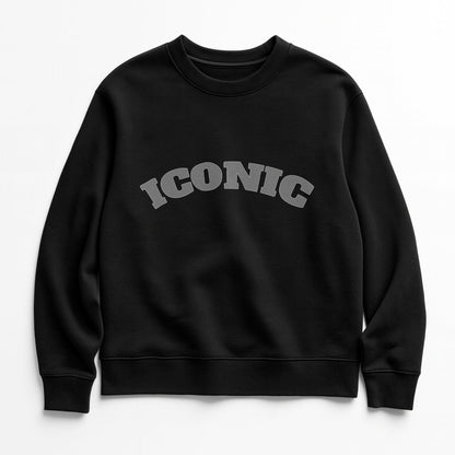 Black ICONIC heavyweight organic cotton crewneck sweatshirt, front view on white background.