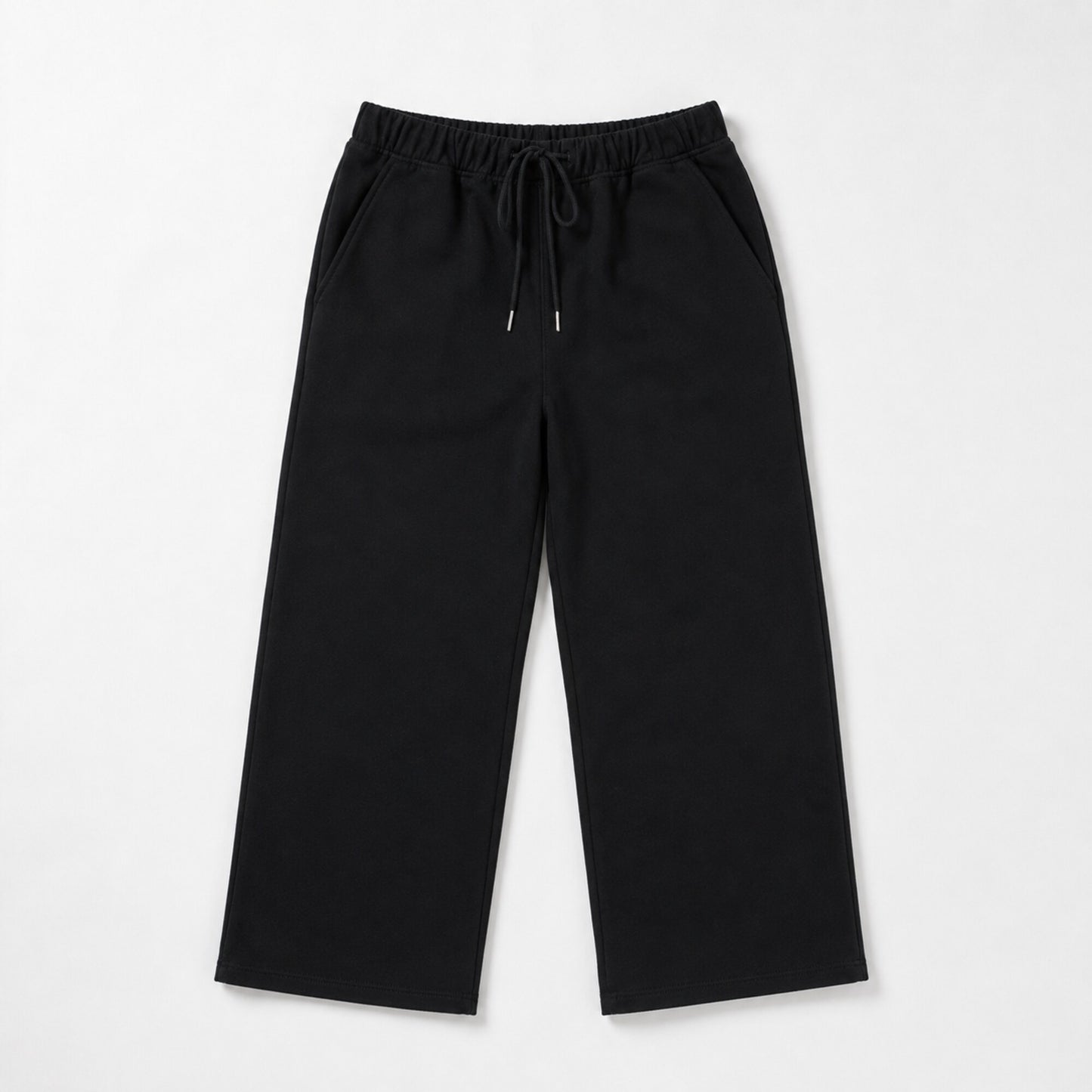 Front flat lay of FineAF Iconic black straight-leg pants with elastic waist drawcord and side pockets