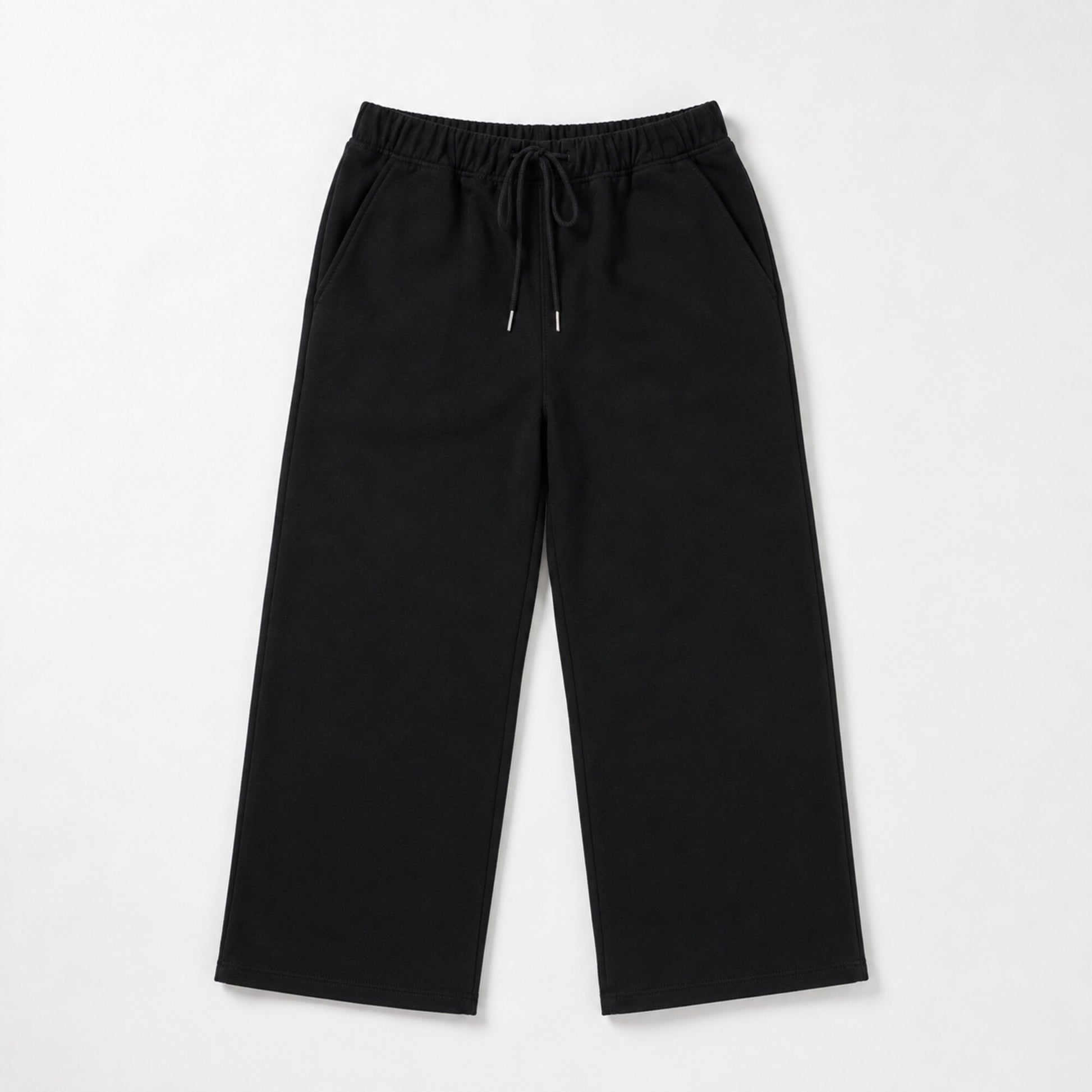 Front flat lay of FineAF Iconic black straight-leg pants with elastic waist drawcord and side pockets