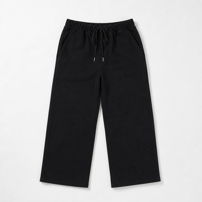 Front flat lay of FineAF Iconic black straight-leg pants with elastic waist drawcord and side pockets