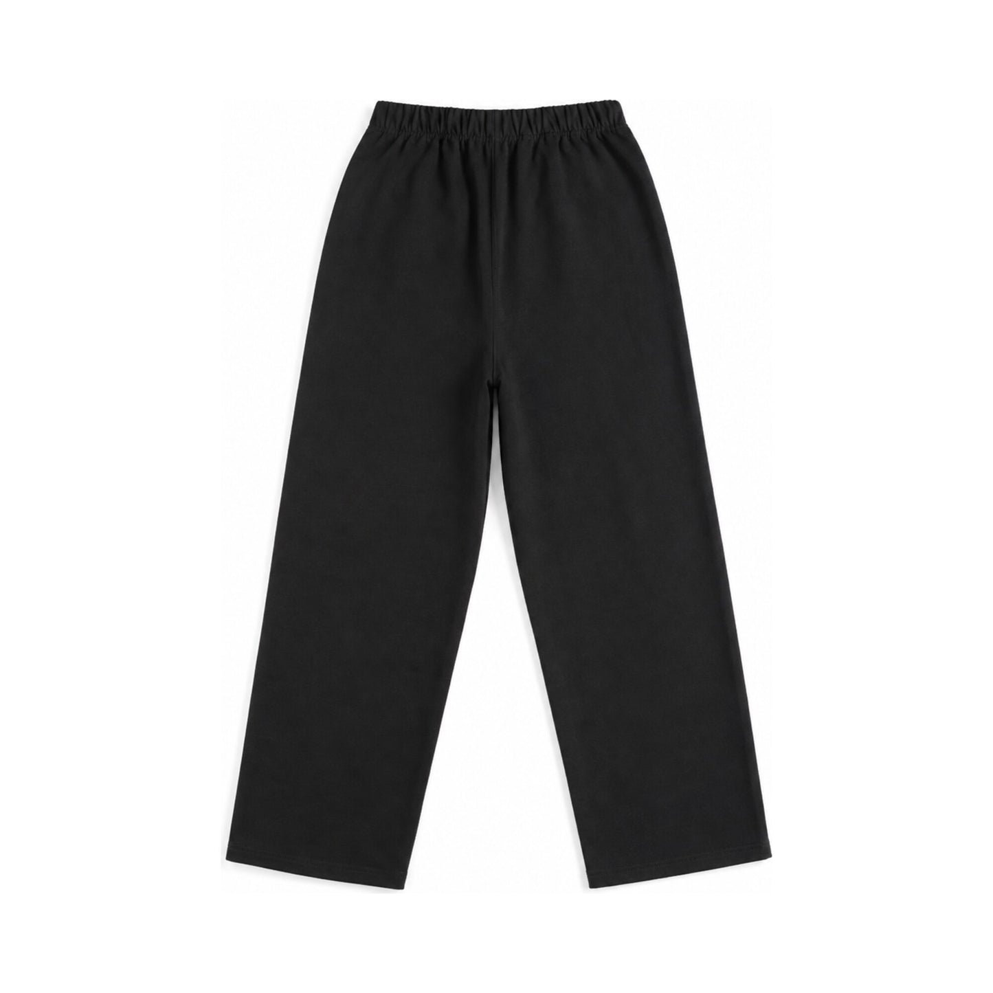 Back flat lay of FineAF Iconic black straight-leg pants with a clean pocket-free back
