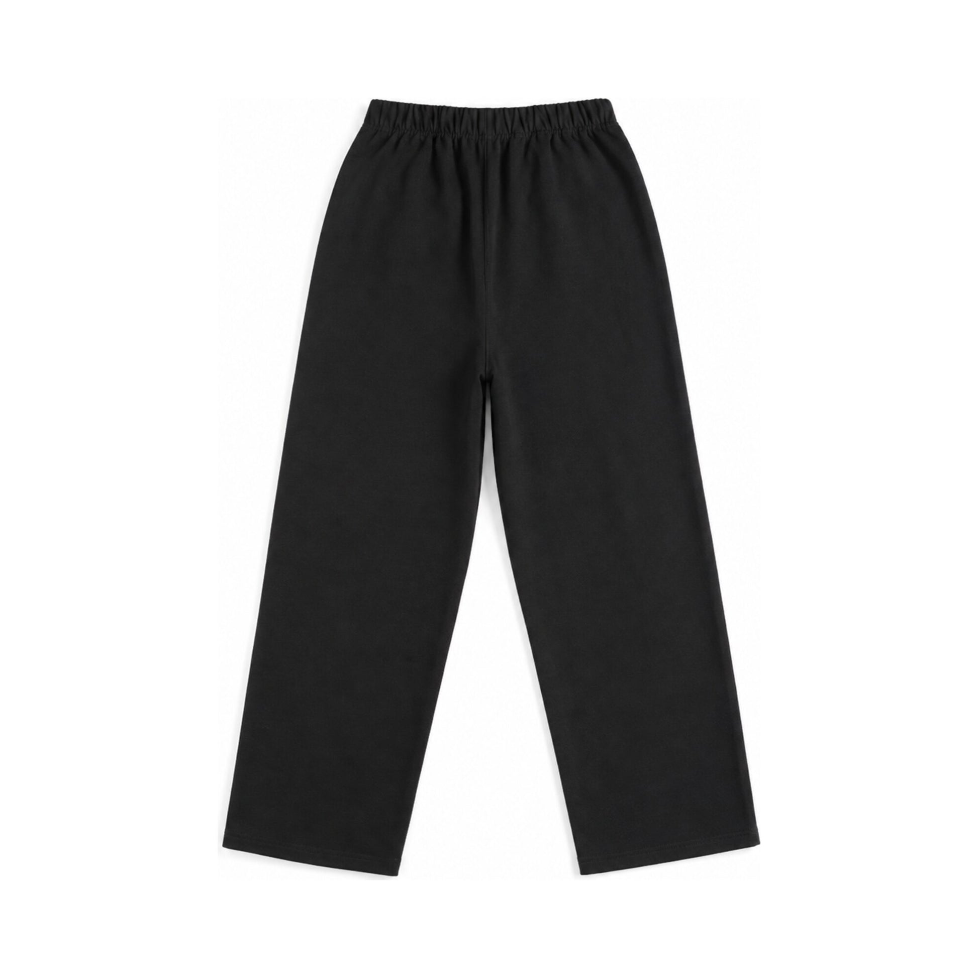 Back flat lay of FineAF Iconic black straight-leg pants with a clean pocket-free back